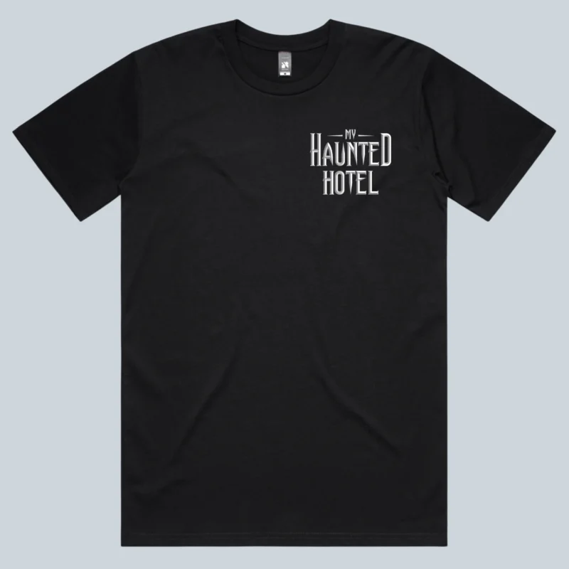 a black shirt front with My Haunted Hotel logo on it