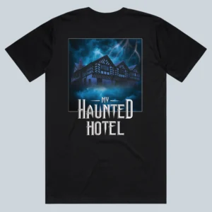 a back of a black shirt displaying My Haunted Hotel rising from the clouds