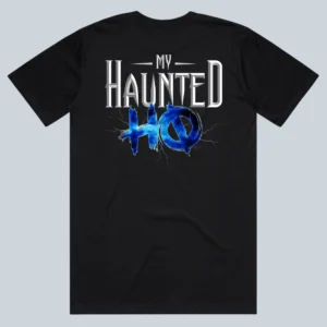 a back of a black shirt displaying My Haunted HQ
