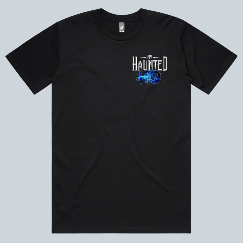 a black shirt front with My Haunted HQ logo on it