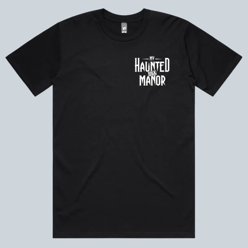 My Haunted Manor USA front logo on black t-shirt