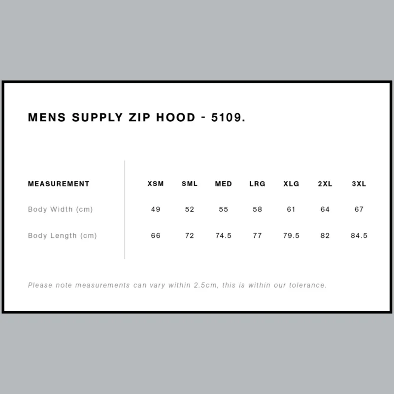 Zipped Hoodie Size Guide