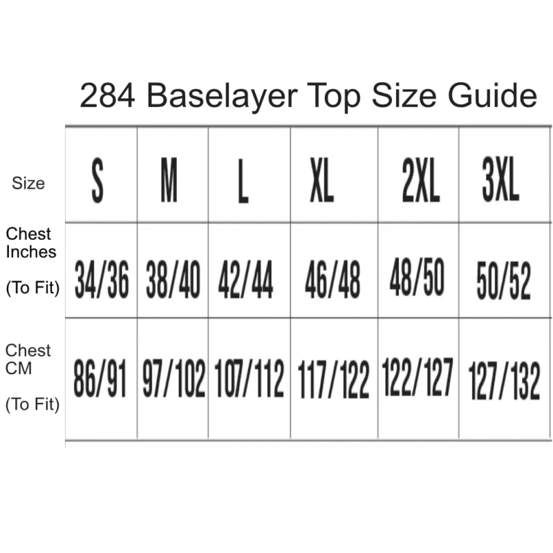 284 Size Guide Ghostproof Baselayer